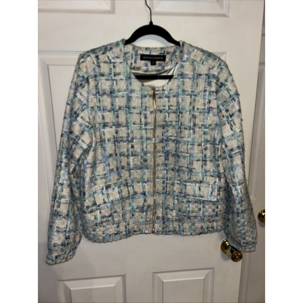 NWT Boston Proper XL Tweed Zip Bomber Lady Jacket Blue Green Cream Pockets - Picture 4 of 16